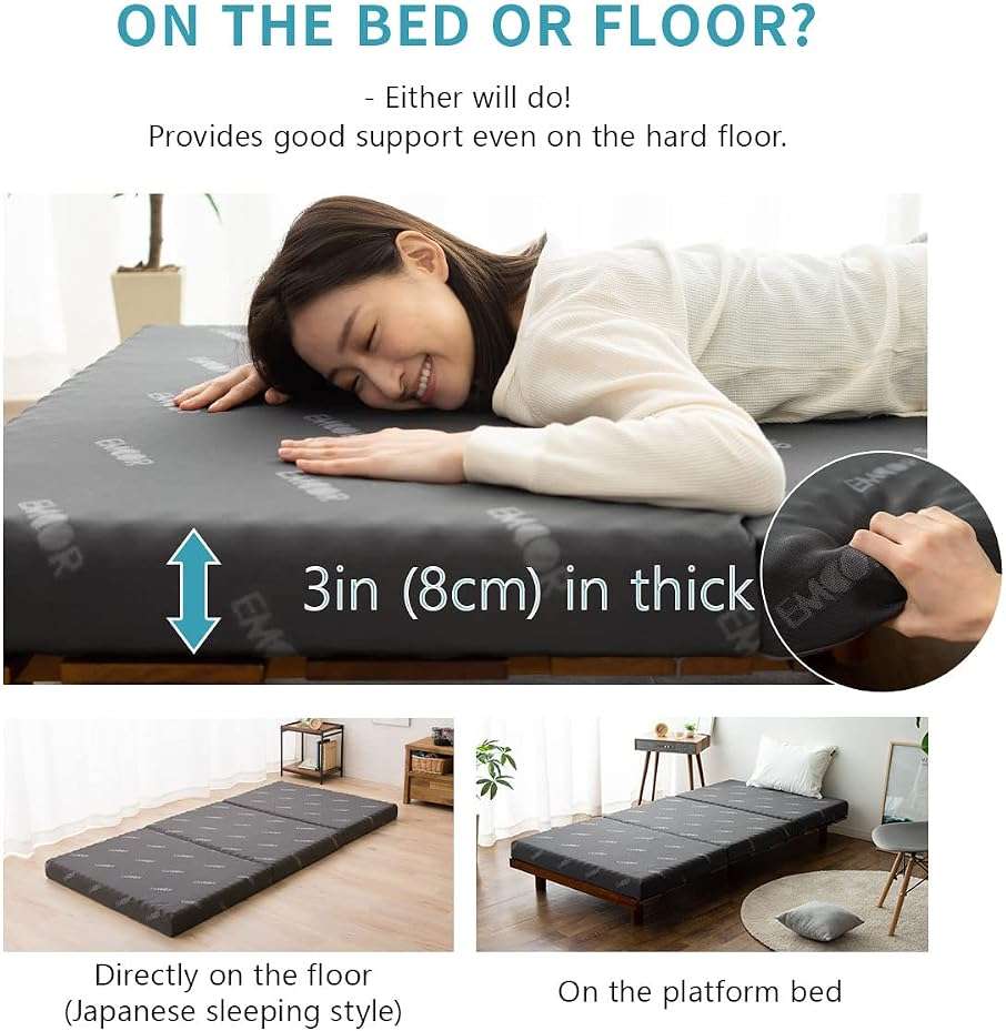EMOOR Tri-Fold Mattress Start Twin (76.76x38x3in) 180N, High Resistance Egg Crate, Washable Cover, Gray, Minimalist, - Image 4
