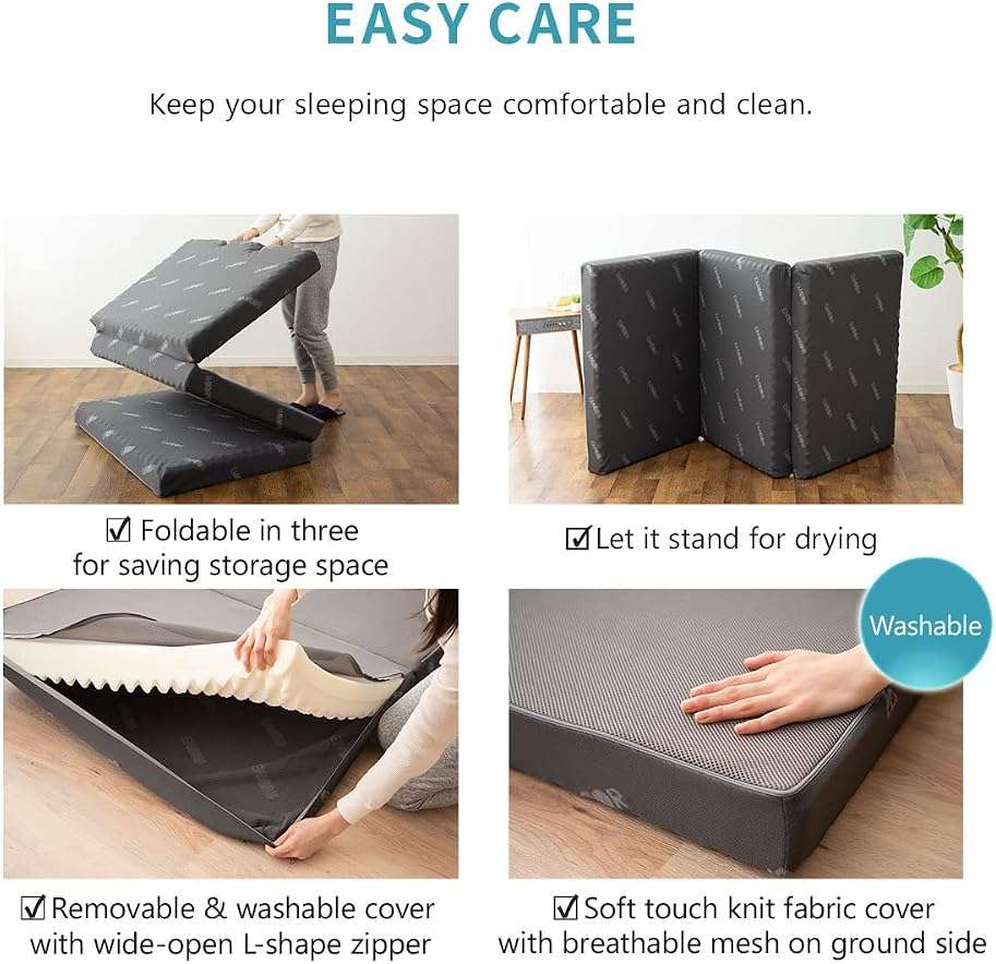 EMOOR Tri-Fold Mattress Start Twin (76.76x38x3in) 180N, High Resistance Egg Crate, Washable Cover, Gray, Minimalist, - Image 5