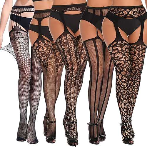 SOUTHRO 5 Pairs Fishnet Thigh High Garter Stockings Patterned Tights for Women,Garter Belt Set & Suspender Pantyhose for Girl - Image 1