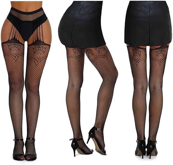 SOUTHRO 5 Pairs Fishnet Thigh High Garter Stockings Patterned Tights for Women,Garter Belt Set & Suspender Pantyhose for Girl - Image 5
