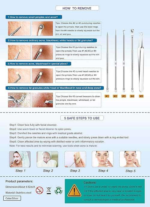 5PCS Blackhead Remover Comedone Extractor, Curved Blackhead Tweezers Kit, Professional Stainless Pimple Acne Blemish Removal Tools Kit for Manual - Image 8