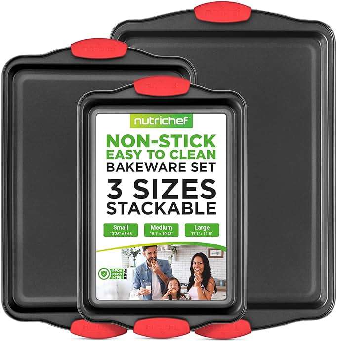 NutriChef 3-Piece Nonstick Kitchen Oven Baking Pans - Premium & Stylish Non-Stick Steel, Commercial Grade Restaurant Quality Metal Bakeware with Red Silicone Handles - Easy to Clean, NCSBS3S - Image 1