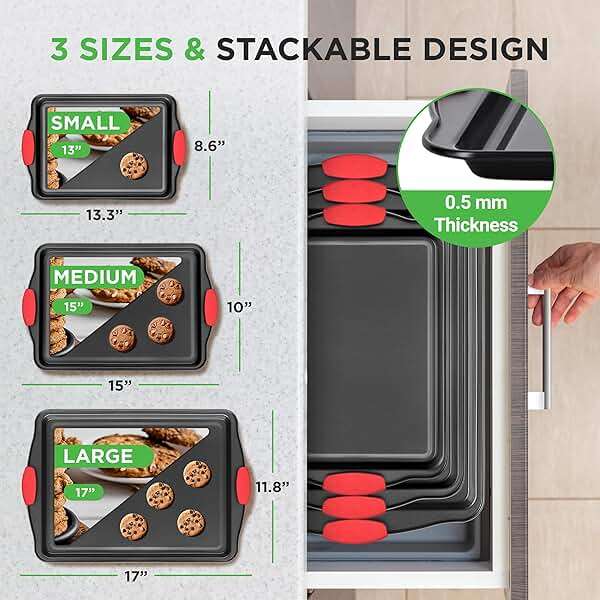 NutriChef 3-Piece Nonstick Kitchen Oven Baking Pans - Premium & Stylish Non-Stick Steel, Commercial Grade Restaurant Quality Metal Bakeware with Red Silicone Handles - Easy to Clean, NCSBS3S - Image 2
