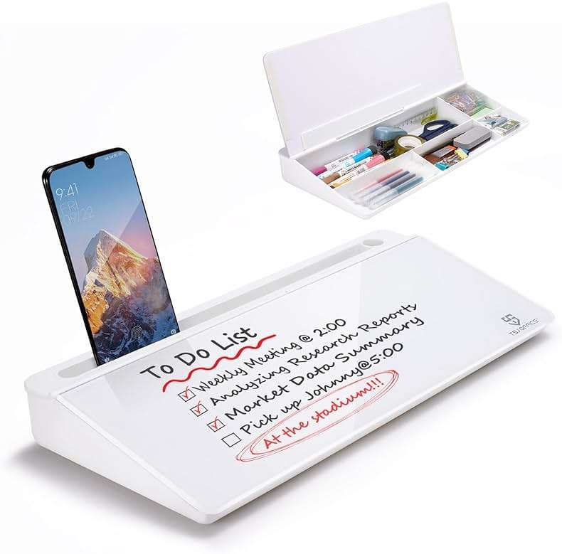 TSJ OFFICE Small Desktop Whiteboard -Glass Dry Erase Board Computer Keyboard Stand White Board Surface Pad with Drawer, Desk Organizers with Accessories for Office, Home, School Supplies - White - Image 1