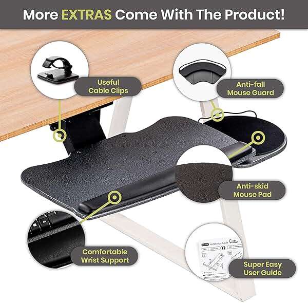 FERSGO Under Desk Keyboard Tray, 20" x 11" Tray, 17.75" Track, One Knob Control, Undermount Sliding Computer Keyboard and Mouse Tray with Wrist Rest, Swivels 360° with Adjustable Height and ±15° Tilt - Image 5