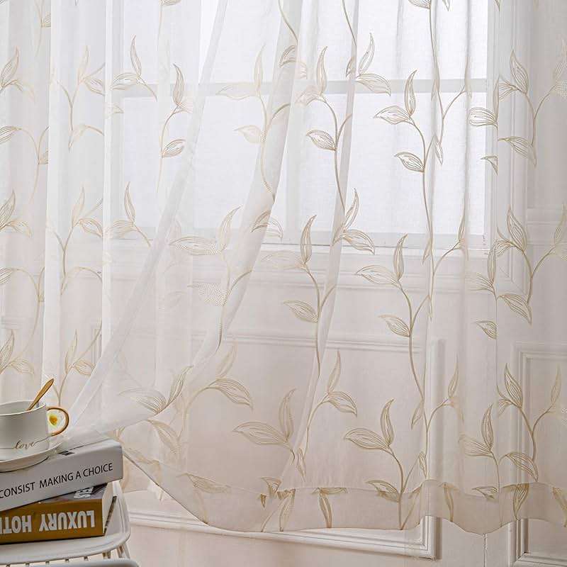 VISIONTEX Sheer Curtains 84 Inches Long 2 Panels Set Cream Beige Embroidered Floral Leaf Pattern Rod Pocket Semi Sheer Voile Window Curtains/Drapes for Bedroom Living Room 54 x 84 Inches - Image 1
