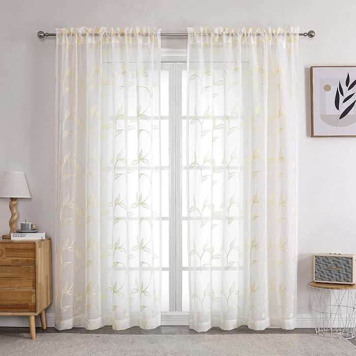 VISIONTEX Sheer Curtains 84 Inches Long 2 Panels Set Cream Beige Embroidered Floral Leaf Pattern Rod Pocket Semi Sheer Voile Window Curtains/Drapes for Bedroom Living Room 54 x 84 Inches - Image 2
