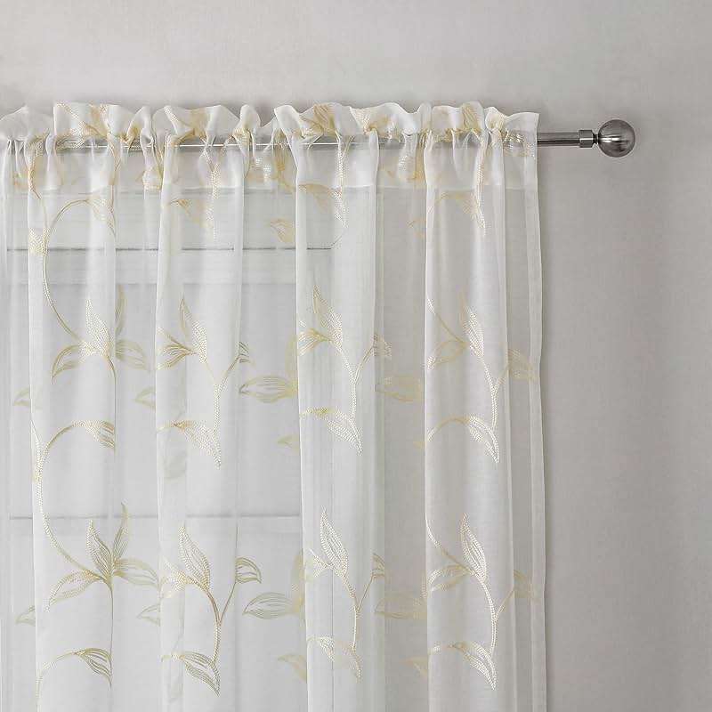 VISIONTEX Sheer Curtains 84 Inches Long 2 Panels Set Cream Beige Embroidered Floral Leaf Pattern Rod Pocket Semi Sheer Voile Window Curtains/Drapes for Bedroom Living Room 54 x 84 Inches - Image 3