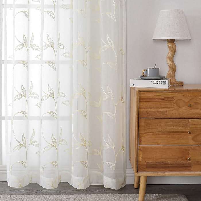 VISIONTEX Sheer Curtains 84 Inches Long 2 Panels Set Cream Beige Embroidered Floral Leaf Pattern Rod Pocket Semi Sheer Voile Window Curtains/Drapes for Bedroom Living Room 54 x 84 Inches - Image 4