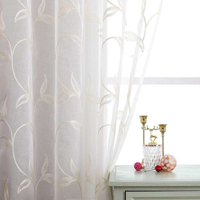 VISIONTEX Sheer Curtains 84 Inches Long 2 Panels Set Cream Beige Embroidered Floral Leaf Pattern Rod Pocket Semi Sheer Voile Window Curtains/Drapes for Bedroom Living Room 54 x 84 Inches - Image 7