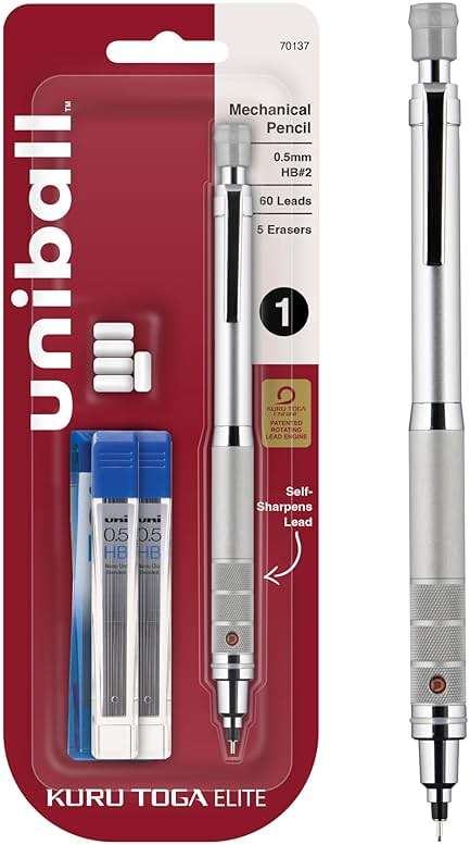 uniball Kuru Toga Elite Mechanical Pencil Starter Kit, 0.5mm, HB #2, Silver Barrel, 1 Pack - Image 1