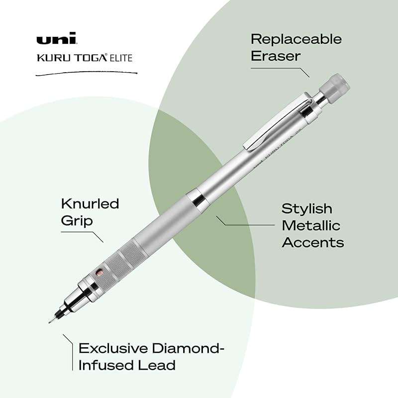 uniball Kuru Toga Elite Mechanical Pencil Starter Kit, 0.5mm, HB #2, Silver Barrel, 1 Pack - Image 3