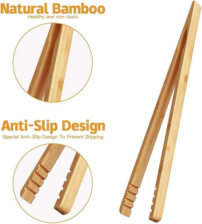 DUJEN 2 Pieces Bamboo Toast Tongs, 10.2 Inches Long Wood Toaster Tongs with Anti-slip Design, Tongs for Cooking with Cooking Oil Coating - Image 4