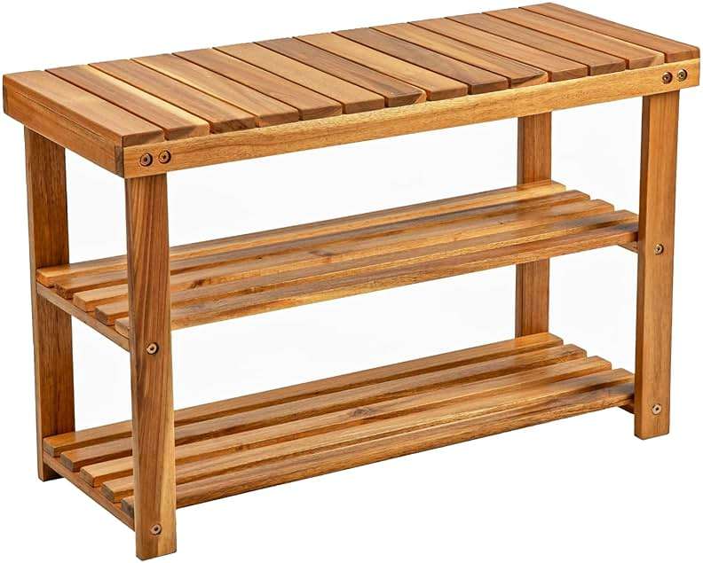 BEEFURNI Wooden Shoe Rack Bench, 3-Tier Wooden Shoe Organizer for Entryway, Aciaca Bench with Shelf, Solid Wood Shoe Storage Bench for Doorway, Hallway, 300 LBS, 1-Year Warranty, Natural Acacia - Image 1