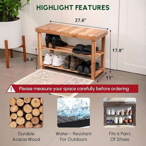 BEEFURNI Wooden Shoe Rack Bench, 3-Tier Wooden Shoe Organizer for Entryway, Aciaca Bench with Shelf, Solid Wood Shoe Storage Bench for Doorway, Hallway, 300 LBS, 1-Year Warranty, Natural Acacia - Image 2