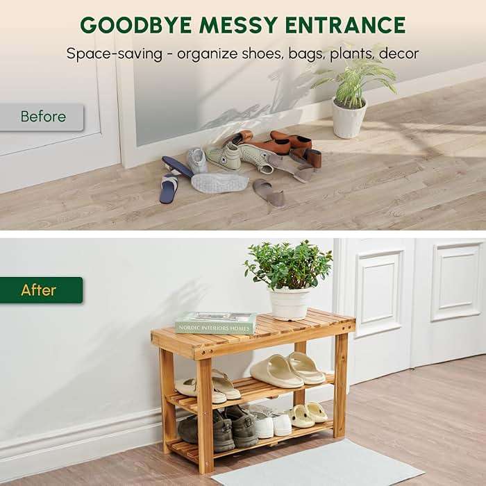 BEEFURNI Wooden Shoe Rack Bench, 3-Tier Wooden Shoe Organizer for Entryway, Aciaca Bench with Shelf, Solid Wood Shoe Storage Bench for Doorway, Hallway, 300 LBS, 1-Year Warranty, Natural Acacia - Image 3