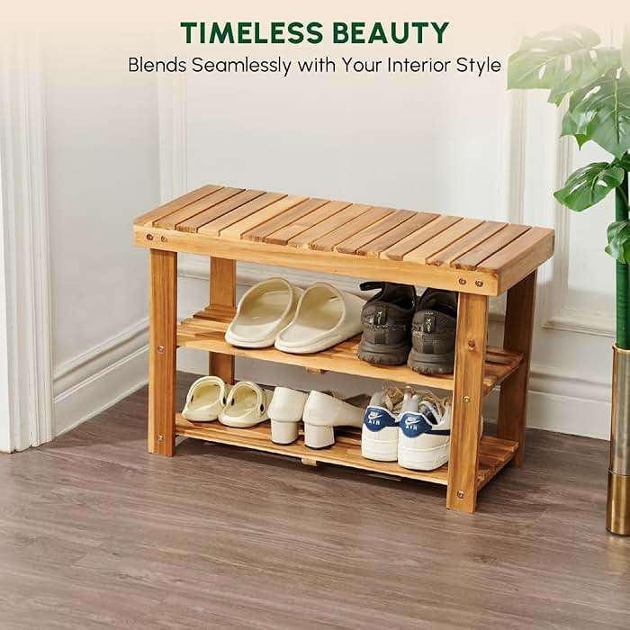BEEFURNI Wooden Shoe Rack Bench, 3-Tier Wooden Shoe Organizer for Entryway, Aciaca Bench with Shelf, Solid Wood Shoe Storage Bench for Doorway, Hallway, 300 LBS, 1-Year Warranty, Natural Acacia - Image 5
