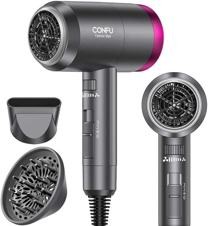 CONFU Ionic Blow Dryer 1600W, Portable Lightweight Fast Drying Negative Ion Hairdryer Blowdryer, 3 Heat Settings & Infinity Speed, with Diffuser and Concentrator Nozzle for Home & Travel - Image 1