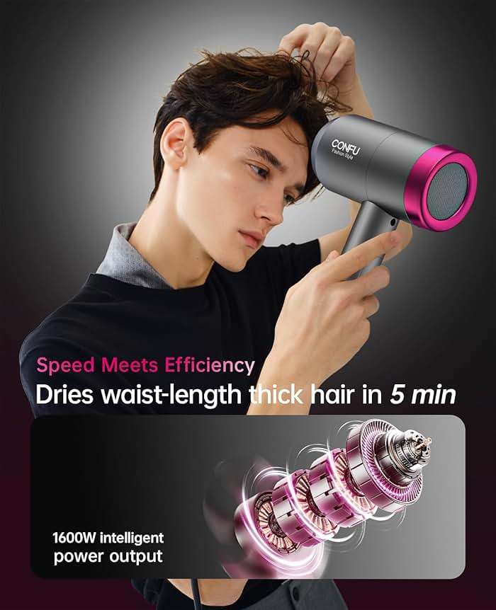 CONFU Ionic Blow Dryer 1600W, Portable Lightweight Fast Drying Negative Ion Hairdryer Blowdryer, 3 Heat Settings & Infinity Speed, with Diffuser and Concentrator Nozzle for Home & Travel - Image 2