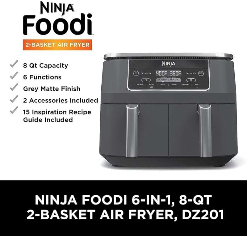 Ninja DZ201 Foodi 8 Quart 6-in-1 DualZone 2-Basket Air Fryer with 2 Independent Frying Baskets, Match Cook & Smart Finish to Roast, Broil, Dehydrate & More for Quick, Easy Meals, Grey - Image 10