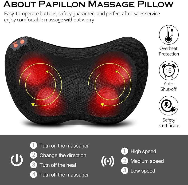 Papillon Fathers Day Dad Gifts for Husband,Back Massager with Heat,Shiatsu Neck Massager Pillow for Back,Neck,Shoulder,Foot&Lower Back Pain Relief,Relaxation Gifts for Women/Mom/Dad(Black) - Image 3