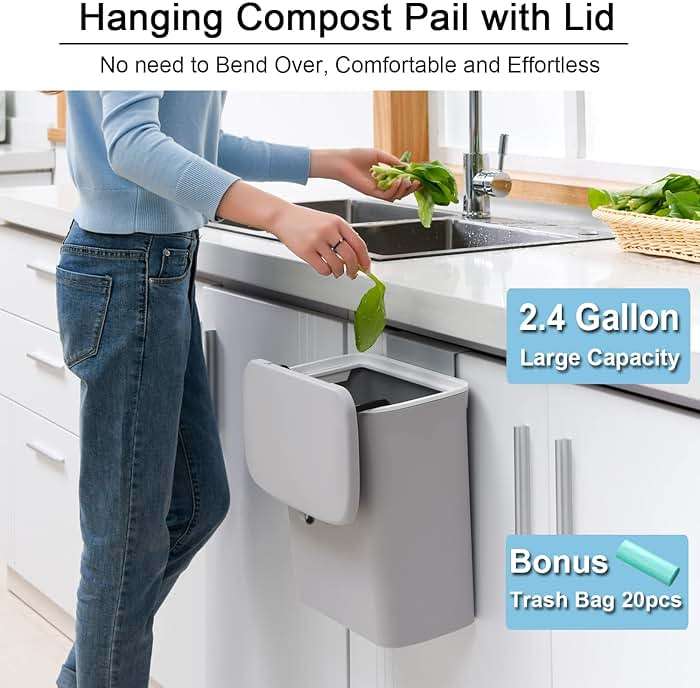 Tiyafuro 2.4 Gallon Kitchen Compost Bin for Counter Top or Under Sink, Hanging Small Trash Can with Lid for Cupboard/Bathroom/Bedroom/Office/Camping, Mountable Indoor Compost Bucket, Gray - Image 3