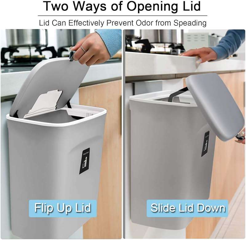 Tiyafuro 2.4 Gallon Kitchen Compost Bin for Counter Top or Under Sink, Hanging Small Trash Can with Lid for Cupboard/Bathroom/Bedroom/Office/Camping, Mountable Indoor Compost Bucket, Gray - Image 4