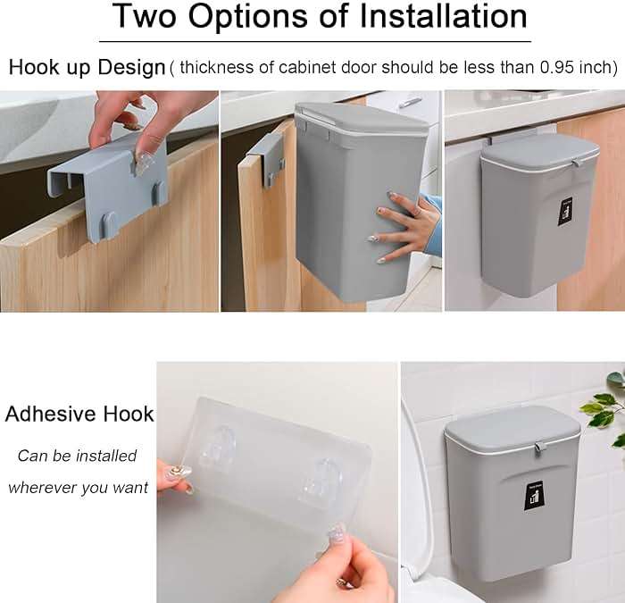 Tiyafuro 2.4 Gallon Kitchen Compost Bin for Counter Top or Under Sink, Hanging Small Trash Can with Lid for Cupboard/Bathroom/Bedroom/Office/Camping, Mountable Indoor Compost Bucket, Gray - Image 5