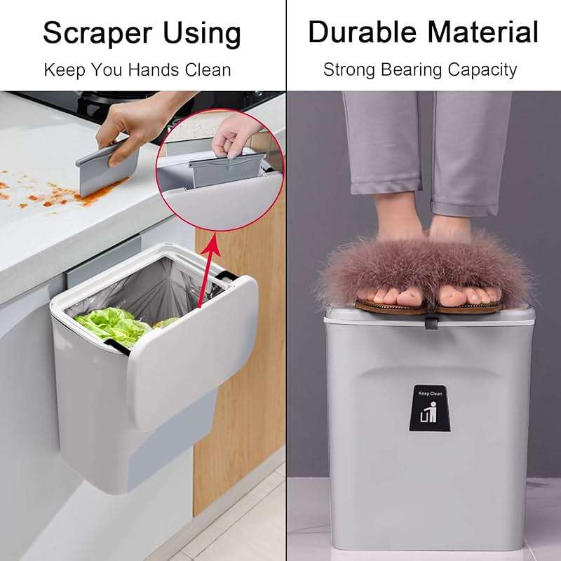 Tiyafuro 2.4 Gallon Kitchen Compost Bin for Counter Top or Under Sink, Hanging Small Trash Can with Lid for Cupboard/Bathroom/Bedroom/Office/Camping, Mountable Indoor Compost Bucket, Gray - Image 6