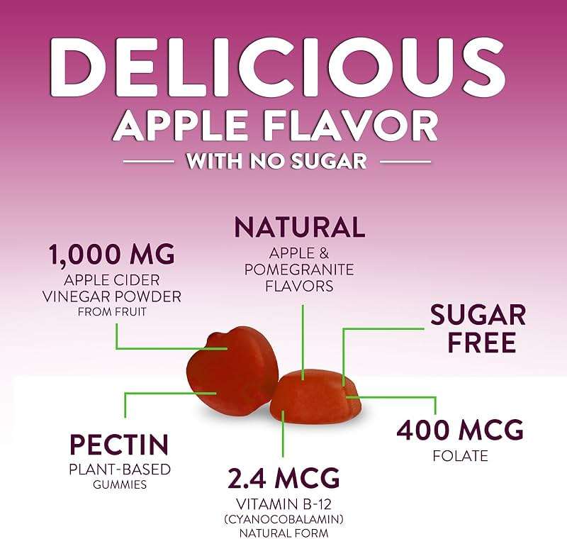Apple Cider Vinegar Gummies for Weight Loss - Sugar Free - Max Strength ACV Gummy with Vitamin B12 & The Mother - Metabolism & Energy Support - Vegan Apple Cider Vinegar Gummy Supplement - 60 Gummies - Image 3