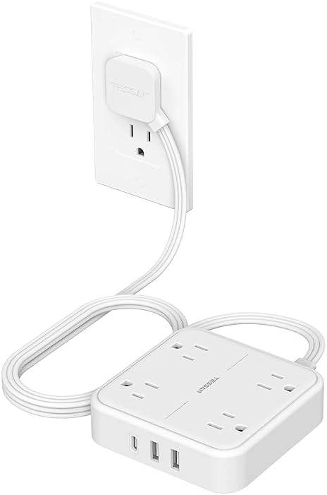 TESSAN Surge Protector Flat Extension Cord 5Ft, Flat Plug Power Strip with 4 Outlets 3 USB Ports (1 USB C), 900 Joules Protection, Multiple Wall Outlet Extender Suitable for Home Office Dorm, White - Image 1