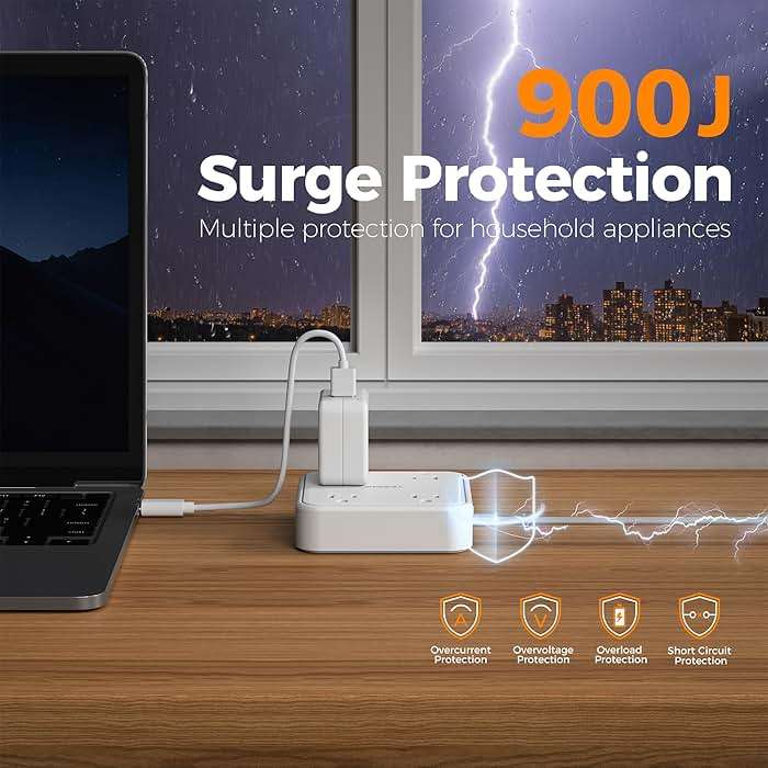 TESSAN Surge Protector Flat Extension Cord 5Ft, Flat Plug Power Strip with 4 Outlets 3 USB Ports (1 USB C), 900 Joules Protection, Multiple Wall Outlet Extender Suitable for Home Office Dorm, White - Image 2