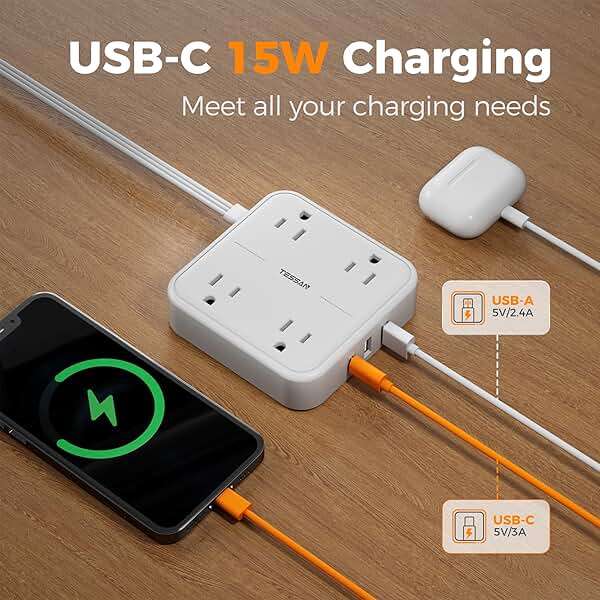 TESSAN Surge Protector Flat Extension Cord 5Ft, Flat Plug Power Strip with 4 Outlets 3 USB Ports (1 USB C), 900 Joules Protection, Multiple Wall Outlet Extender Suitable for Home Office Dorm, White - Image 3