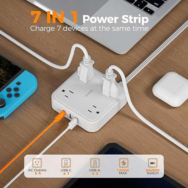 TESSAN Surge Protector Flat Extension Cord 5Ft, Flat Plug Power Strip with 4 Outlets 3 USB Ports (1 USB C), 900 Joules Protection, Multiple Wall Outlet Extender Suitable for Home Office Dorm, White - Image 4