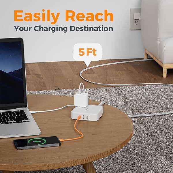 TESSAN Surge Protector Flat Extension Cord 5Ft, Flat Plug Power Strip with 4 Outlets 3 USB Ports (1 USB C), 900 Joules Protection, Multiple Wall Outlet Extender Suitable for Home Office Dorm, White - Image 5