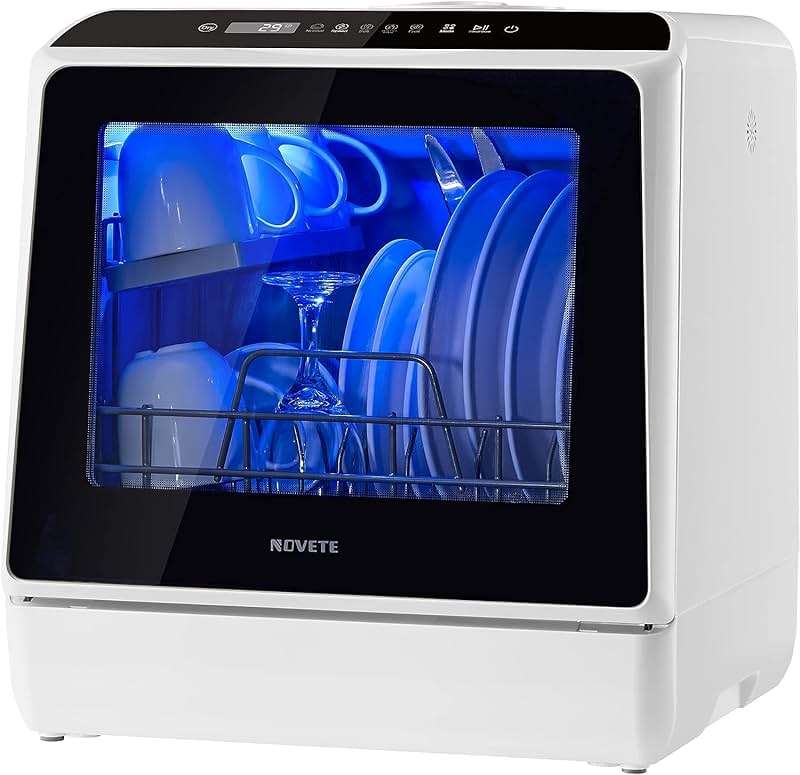 NOVETE Portable Countertop Dishwashers, Compact Dishwashers with 5L Built-in Water Tank & Inlet Hose, 5 Washing Programs, Baby Care, Air-Dry Function and LED Light for Small Apartments - Image 1