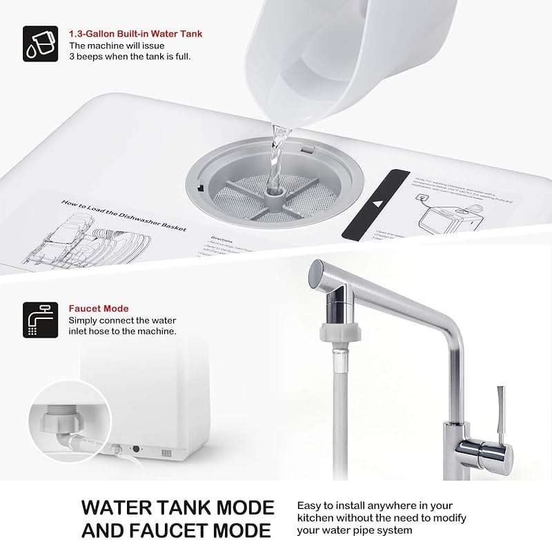 NOVETE Portable Countertop Dishwashers, Compact Dishwashers with 5L Built-in Water Tank & Inlet Hose, 5 Washing Programs, Baby Care, Air-Dry Function and LED Light for Small Apartments - Image 6