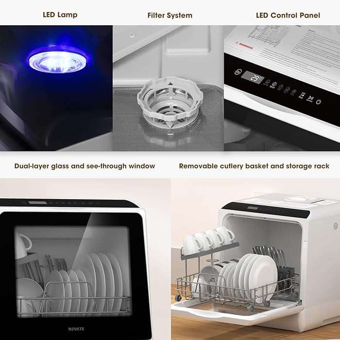 NOVETE Portable Countertop Dishwashers, Compact Dishwashers with 5L Built-in Water Tank & Inlet Hose, 5 Washing Programs, Baby Care, Air-Dry Function and LED Light for Small Apartments - Image 8