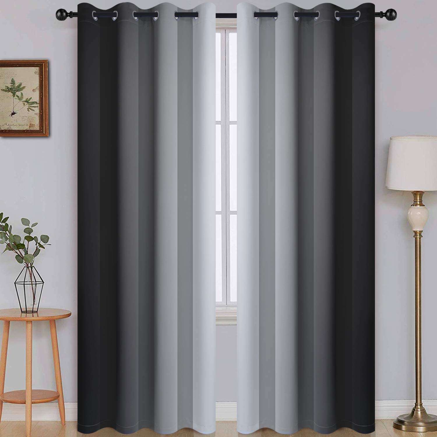 SimpleHome Ombre Room Darkening Curtains for Bedroom, Gradient Black to Grey White Light Blocking Thermal Insulated Grommet Window Curtain/Drapes for Living Room,2 Panels, 52x84 inches Length - Image 1
