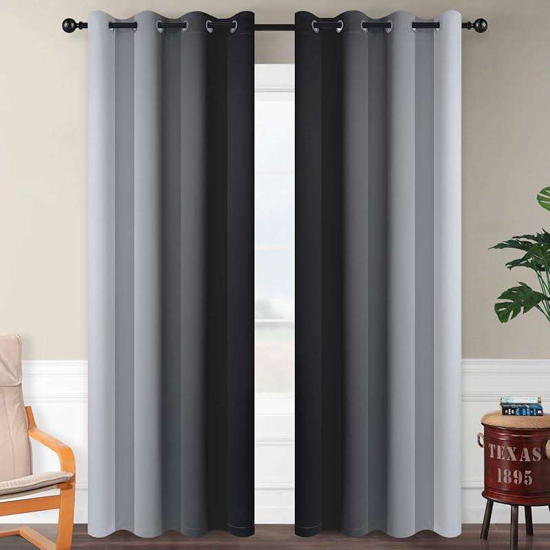 SimpleHome Ombre Room Darkening Curtains for Bedroom, Gradient Black to Grey White Light Blocking Thermal Insulated Grommet Window Curtain/Drapes for Living Room,2 Panels, 52x84 inches Length - Image 2