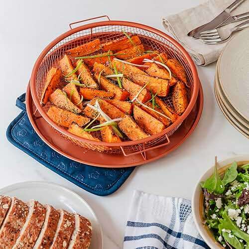 Chef Pomodoro Crisper Basket and Tray Set -2 Pieces, Large Plate for Oven with Air Fryer Option, Oil-Free Cookware Pan, Full Size Oven and Air Fryer Accessories for Any Kitchen, 12.2 inches (Copper) - Image 2