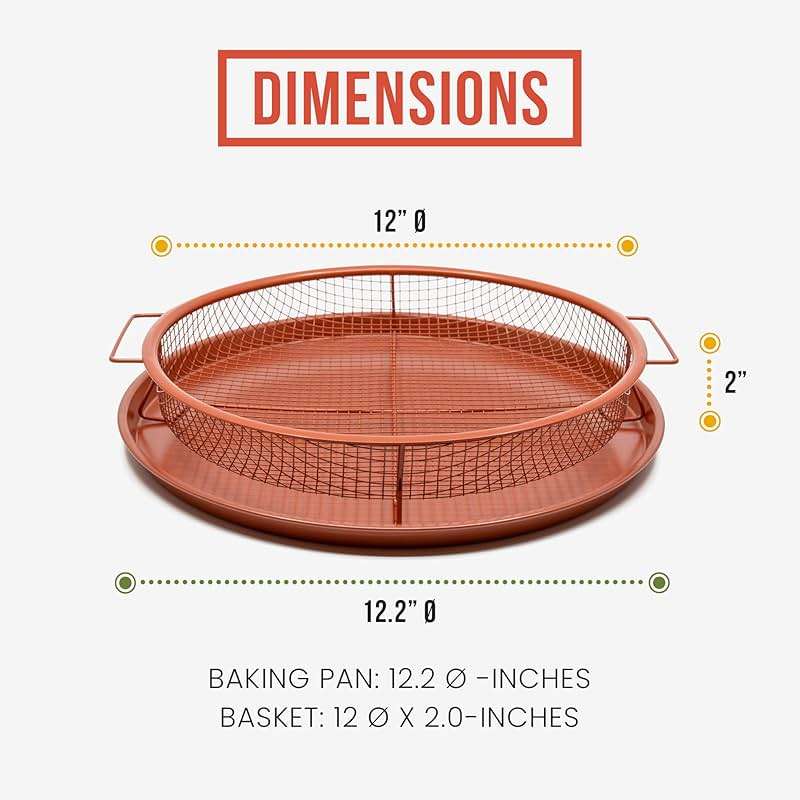Chef Pomodoro Crisper Basket and Tray Set -2 Pieces, Large Plate for Oven with Air Fryer Option, Oil-Free Cookware Pan, Full Size Oven and Air Fryer Accessories for Any Kitchen, 12.2 inches (Copper) - Image 3