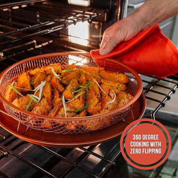 Chef Pomodoro Crisper Basket and Tray Set -2 Pieces, Large Plate for Oven with Air Fryer Option, Oil-Free Cookware Pan, Full Size Oven and Air Fryer Accessories for Any Kitchen, 12.2 inches (Copper) - Image 6