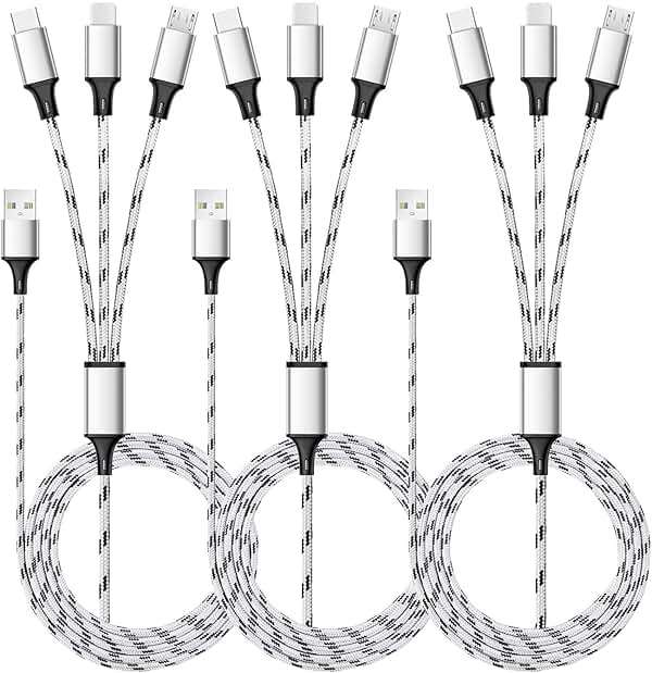 Multi Charging Cable, 5ft 3Pack Multi Charger Cable Nylon Braided Multiple USB Universal 3 in 1 Charging Cord Adapter with Type-C, Micro USB Port Connectors for Cell Phones and More - Image 1