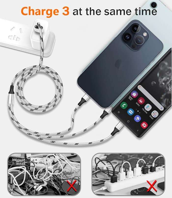 Multi Charging Cable, 5ft 3Pack Multi Charger Cable Nylon Braided Multiple USB Universal 3 in 1 Charging Cord Adapter with Type-C, Micro USB Port Connectors for Cell Phones and More - Image 2