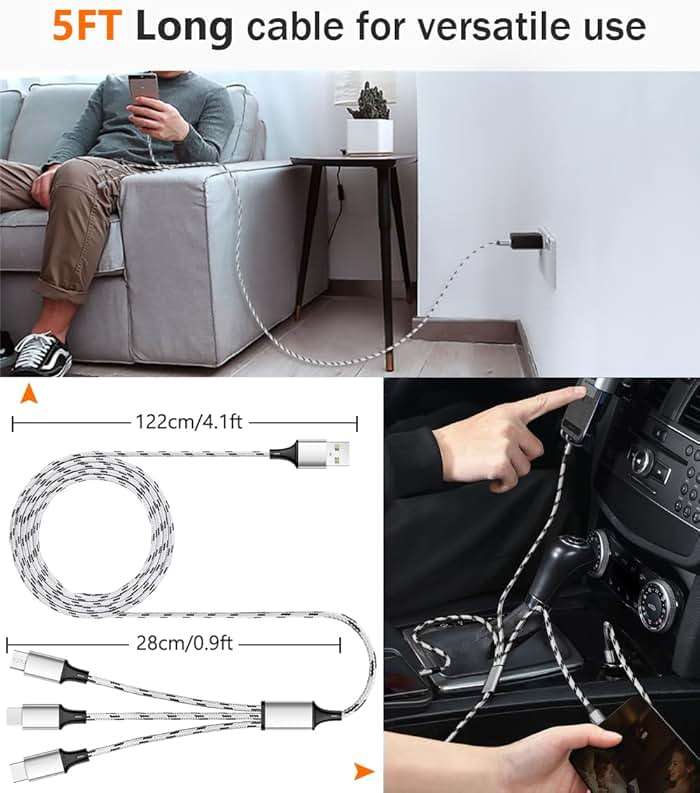 Multi Charging Cable, 5ft 3Pack Multi Charger Cable Nylon Braided Multiple USB Universal 3 in 1 Charging Cord Adapter with Type-C, Micro USB Port Connectors for Cell Phones and More - Image 3