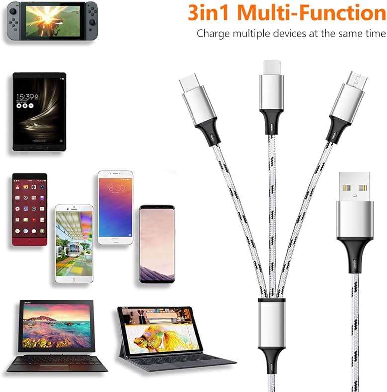 Multi Charging Cable, 5ft 3Pack Multi Charger Cable Nylon Braided Multiple USB Universal 3 in 1 Charging Cord Adapter with Type-C, Micro USB Port Connectors for Cell Phones and More - Image 8