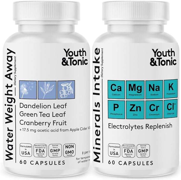 Youth & Tonic Water Pills for Water Retention – Flush & Shed Excess Fluids for Bloat Relief & Puffiness – Swelling Support for Legs & Feet – Diuretic 2 Pack with Electrolytes – 120 Capsules - Image 1