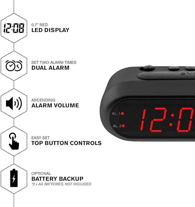 Sharp Easy-Set Digital Alarm Clock for Bedroom – Large Red LED Display, Ascending Loud Alarm for Heavy Sleepers, Dual Alarm Weekday/Weekend, Simple Operation, Snooze, Battery Backup - Image 4