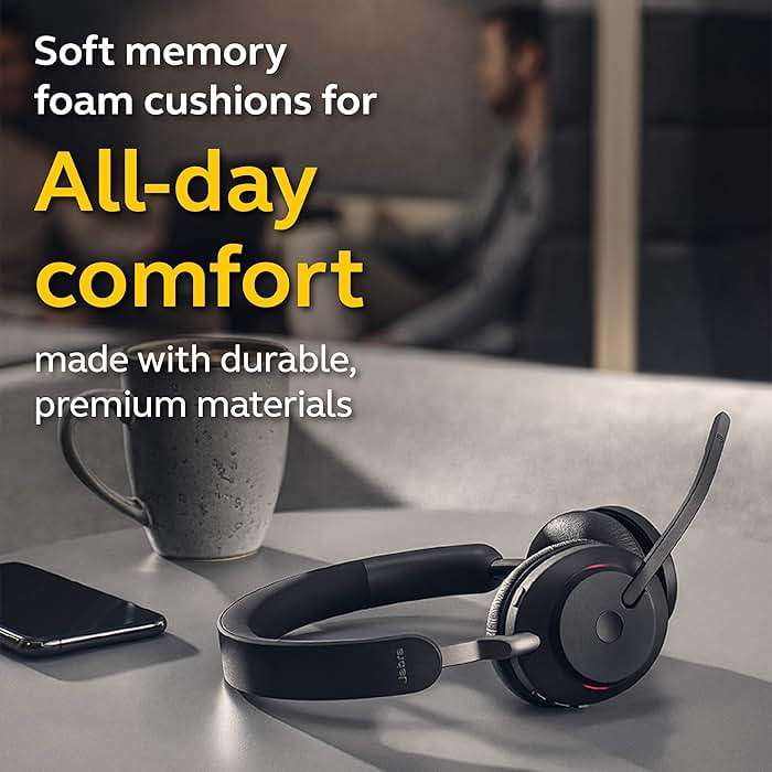 Jabra Evolve2 65 MS Wireless Headphones with Link380a, Stereo, Black – Wireless Bluetooth Headset for Calls and Music, 37 Hours of Battery Life, Passive Noise Cancelling Headphones - Image 5